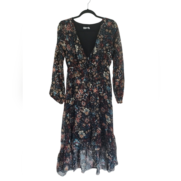 Elena Baldi silk wrap dress/Size XS/NWOT/Vintage/black, floral/hi-low/ - Picture 2 of 7